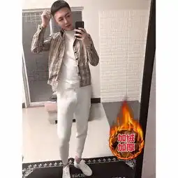 加绒男士休闲修身小脚裤白裤社会精神小伙快手红人网红同款束脚裤一件代发