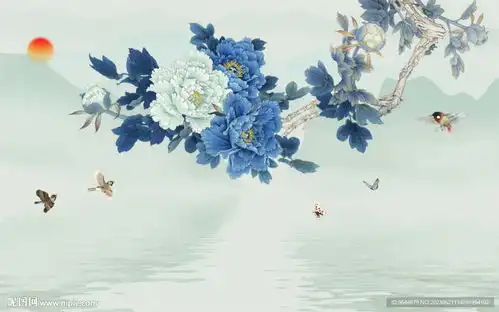 新中式手绘工笔牡丹壁画背景墙设计图psd分层素材psd分层素材