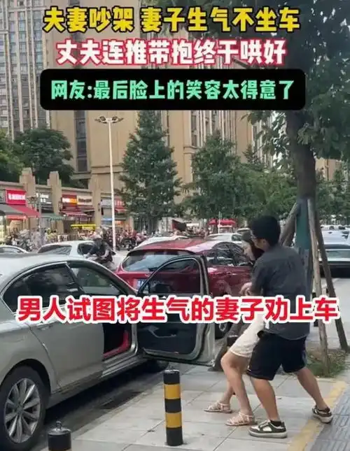 妻子生气不上车,丈夫连推带抱哄好她,网友愿意低头的男人真帅
