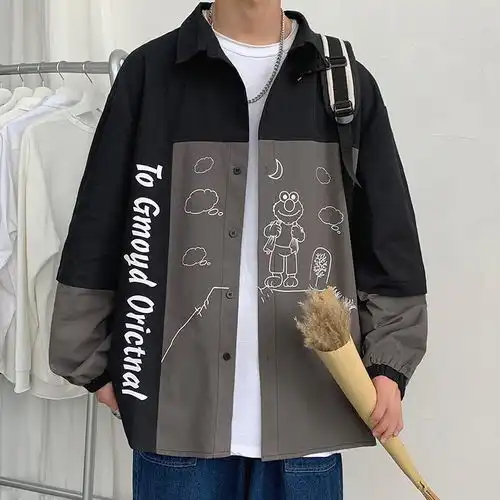 新款衬衫男韩版ins嘻哈日系欧美街头宽松拼色外套印花长袖衬衣潮