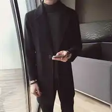 90612019男士风衣韩版中长款毛呢大衣男休闲潮流外套黑色