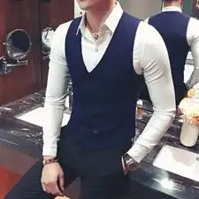 y8733经典纯色双排扣男士休闲马甲外套潮男修身大码马褂p50