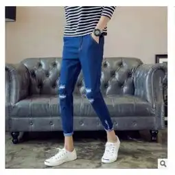 男紧身小脚男生初中学生裤子潮韩版青少年瘦腿显瘦破洞九分牛仔裤亨镇图片大全邮乐官方网站
