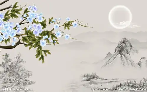 手绘牡丹花山水月亮背景图片