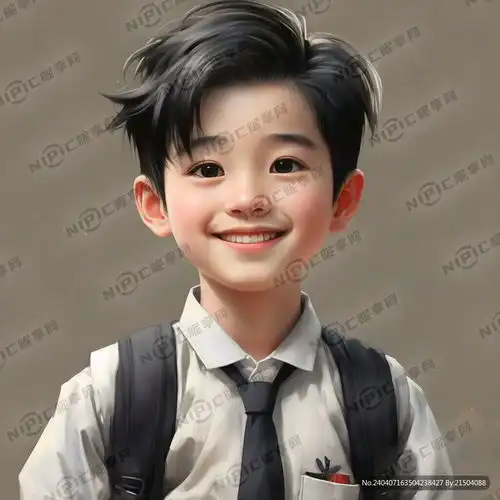 ai创作图阳光卡通手绘中国少年黑色头发面带微笑穿校服白色衬衫黑色裤子不背书包不要背景只要人物nipic.com