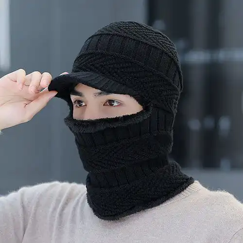 帽子男冬天护耳加绒毛线帽围脖一体加厚骑行帽秋冬男帽护颈连体帽