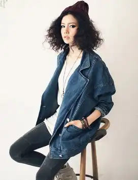 2014秋季新款韩国宽松显瘦大码女装外套复古水洗做旧牛仔外套

