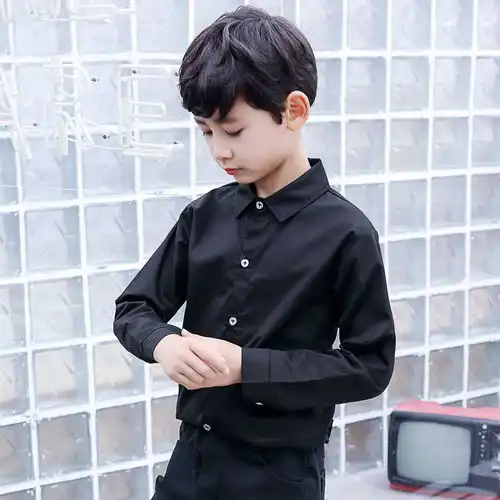 纯棉儿童衬衣小学生纯白色男童衬衫小礼服送领结男孩秋装校服上衣
