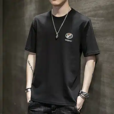 短袖t恤男夏季潮流圆领印花男士上衣服男装潮牌黑色运动体恤薄款