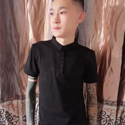 快手网红高迪同款衬衫男社会精神小伙短袖t恤翻领纯色半袖polo衫
